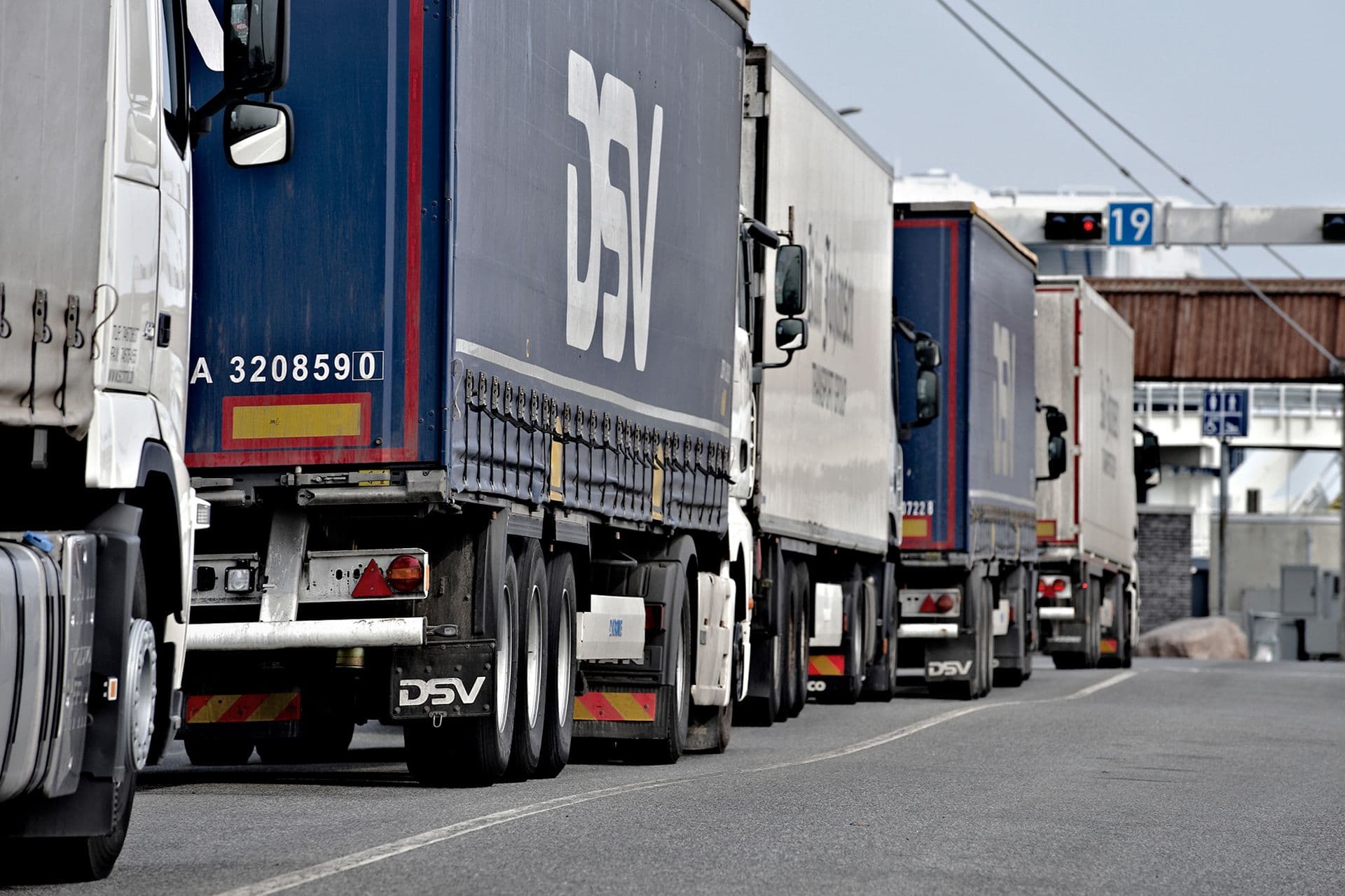 Trucks driving onto the ferry in Puttgarden harbour